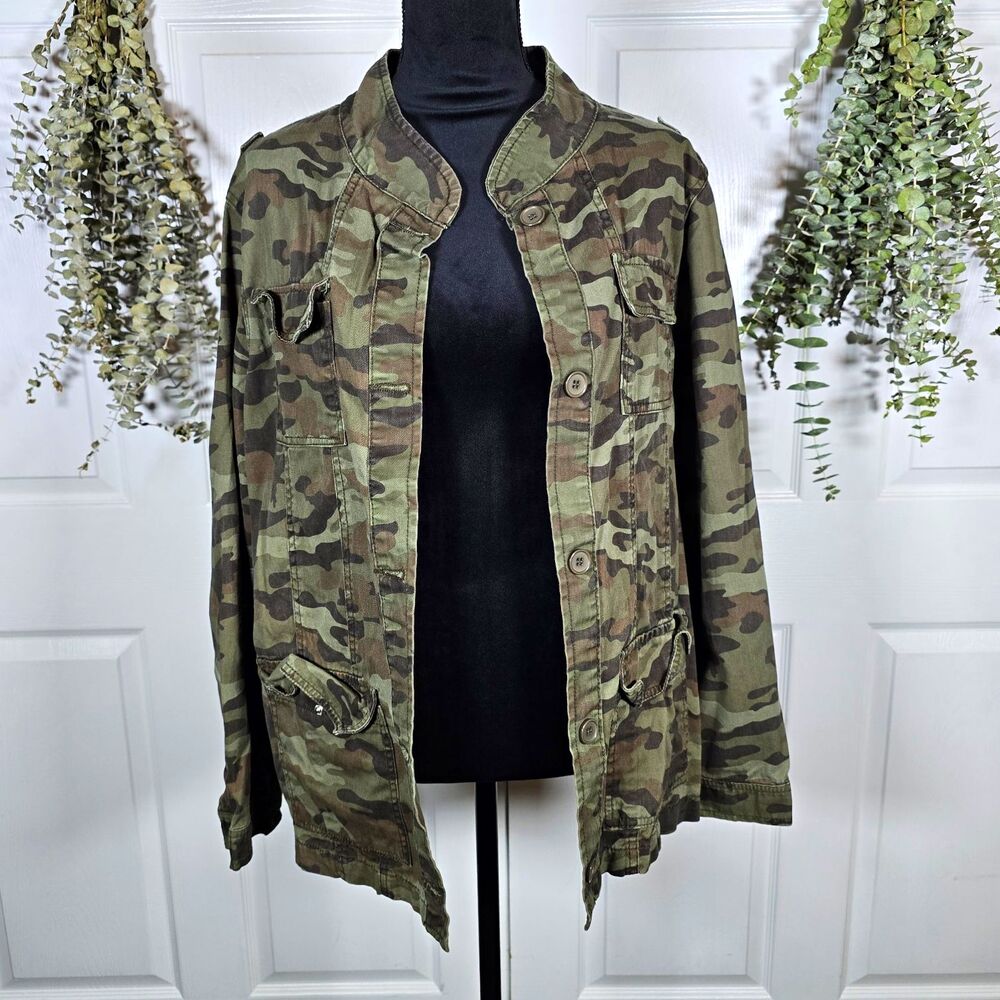 Cavalini Women's Camouflage Military Jacket Cotton Mid-Length Button Pockets XL